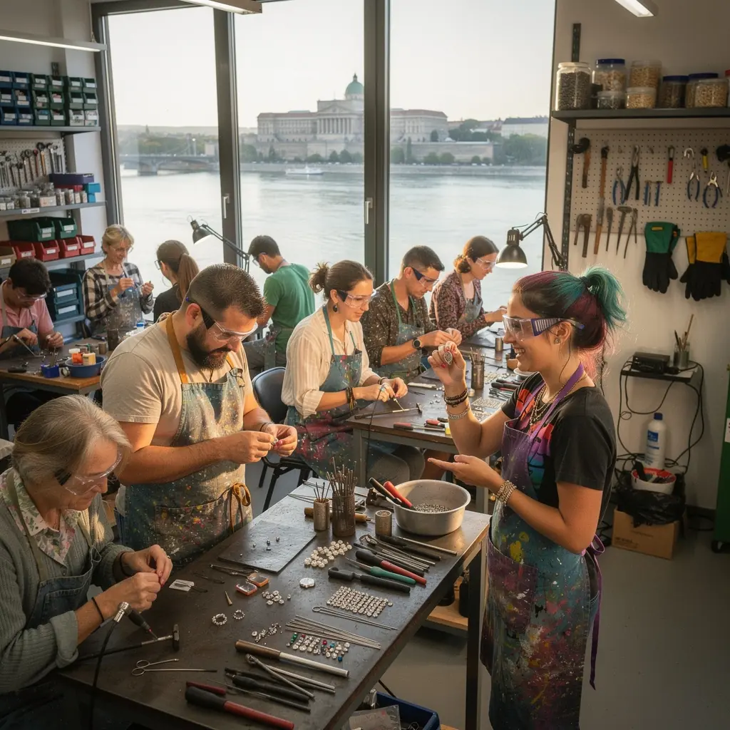 Ékszertervezési kurzus során készült gyönyörű fém ékszerek, különböző technikákkal és színes kövekkel díszítve.